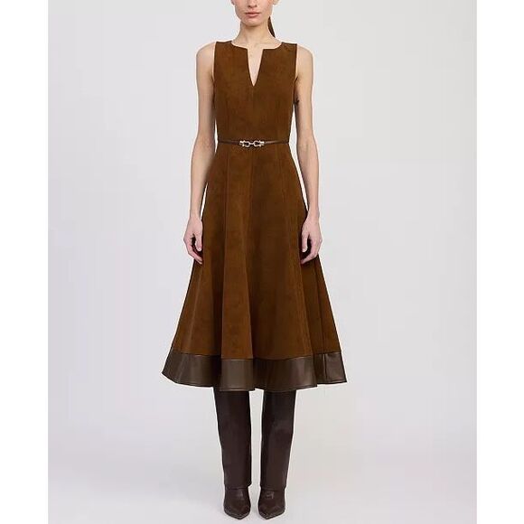 EN SAISON Eloise Faux Suede A-Line Sleeveless Brown Midi Dress Size S NWT - Picture 3 of 9